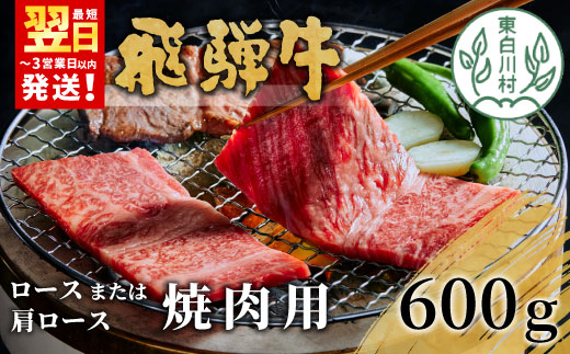 【最短発送】 飛騨牛 ロースまたは肩ロース 焼肉用 600g 牛肉 和牛 肉 焼肉 BBQ ロース カタロース 肩ロース 東白川村 岐阜 贅沢 霜降り 養老ミート 20000円 二万円