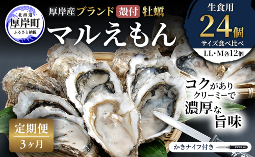 【 3ヵ月 定期便 】 厚岸産 ブランド 殻付カキ マルえもん 生食用 サイズ食べ比べ 24個 (LL・M各12個)[ 魚貝類 生牡蠣 かき 牡蠣 カキ 生ガキ 食べ比べ ]