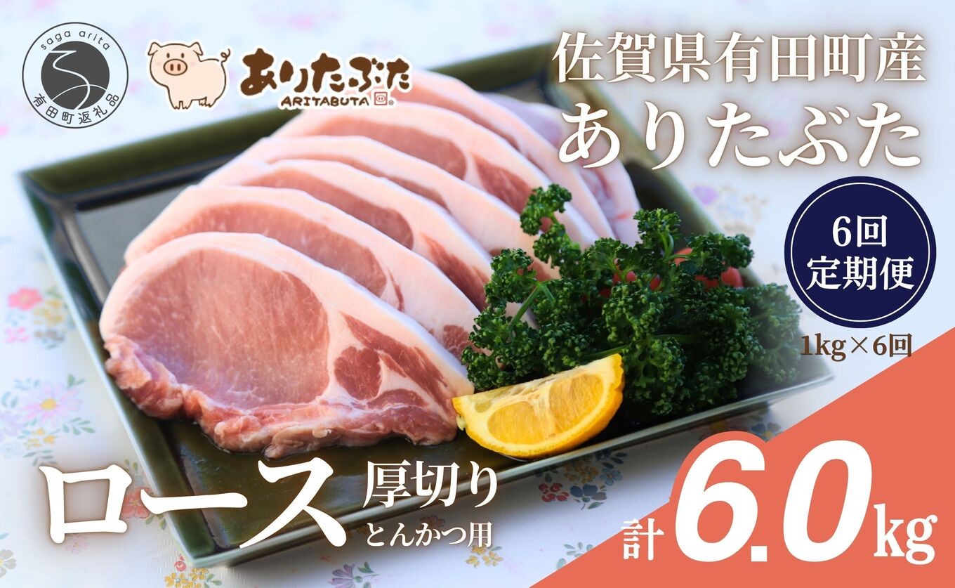 
                  【6回定期便 総計6.0kg！真空個包装で便利】ありたぶた ロース 厚切り とんかつ用 6ヶ月連続  1kg（100g×10パック）【有田まちづくり公社】佐賀県産 有田町産 ブランド豚 ありたぶた 豚 ぶた 豚肉 ロース肉 とんかつ トンテキ ステーキ 小分け 全6回 N75-8
                