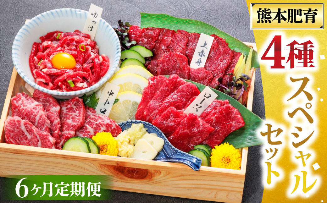 
            【6ヶ月定期便】純国産 馬刺し 4種スペシャルセット 計約200g×6回 約1.2kg 馬肉 お肉 肉 上赤身 霜降り 中トロ ロース ユッケ タレ 醤油 セット 食べ比べ 冷凍 熊本県 湯前町
          