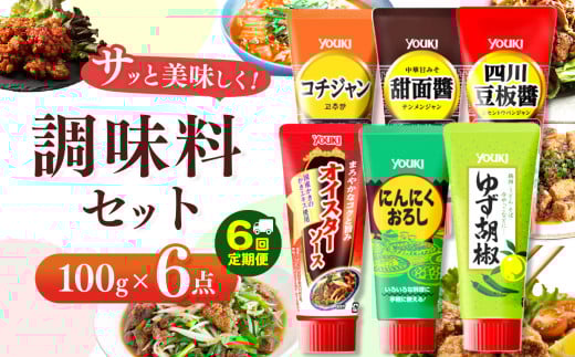 【ふるさと納税】【定期便6回】調味料6点セット（四川豆板醤、甜面醤、コチジャン、オイスターソース、ゆず胡椒、にんにくおろし）各100ｇ×6 | 調味料 6種 那珂川町 栃木県