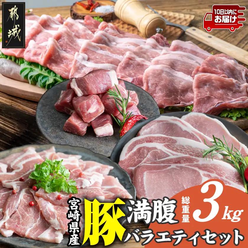 宮崎県産豚 満腹バラエティ3kgセット≪みやこんじょ特急便≫〔14-33-017-3kg-Q〕_(都城市) 豚肉 ポーク ステーキ ロース バラ スライス 焼き肉 冷凍 真空パック カット済 キャンプ BBQ