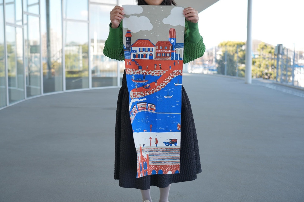 【横浜柄】横浜捺染で染色した手ぬぐい【赤×青】