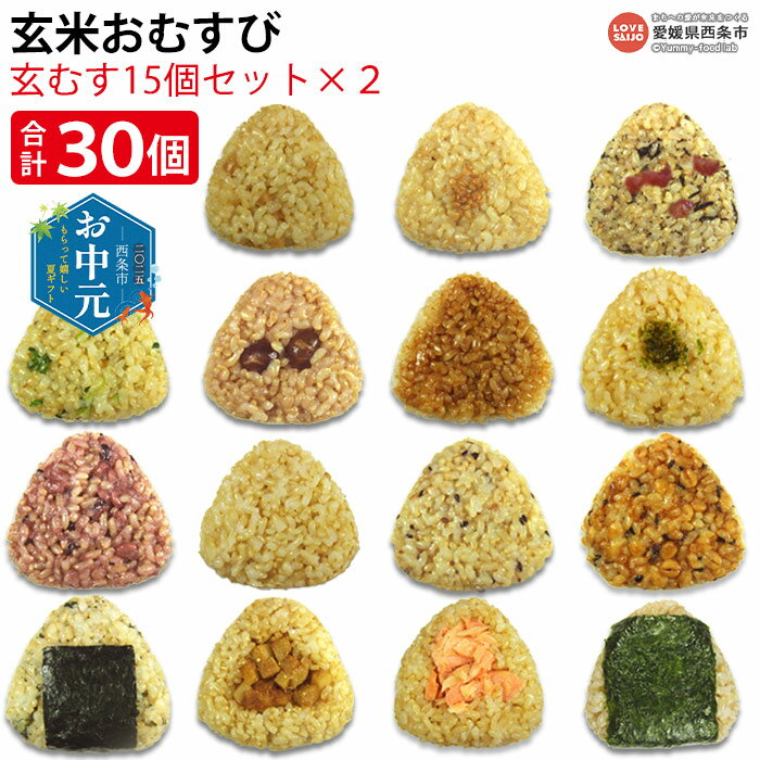 【ふるさと納税】【お中元】＜玄米おむすび玄むす 計30個（15種×2）＞ おにぎり 鶏とたけのこ とりそぼろ 梅ひじき 黒大豆 醤油 塩 三穀 ごま むぎ醤油 塩なし焼き海苔 鮭 玄米おむすび玄むす屋 かんこめ 愛媛県 西条市 【冷凍】『通常：2か月以内に順次出荷予定』
