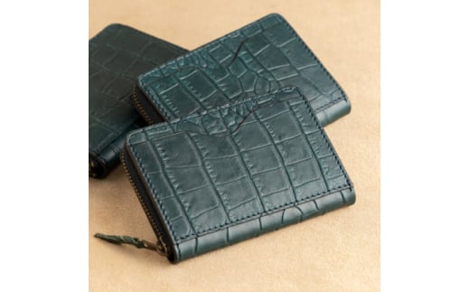 染料染めのクロコ型押し牛革 カードポケット付きコインケース(ピーコックブルー)革製品のHEDGE【1282954】