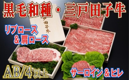 【黒毛和牛A4・B4等級以上】三戸田子牛大満足セット 合計3.6kg　青森県産　サーローン・ヒレ・リブロース・肩ロース