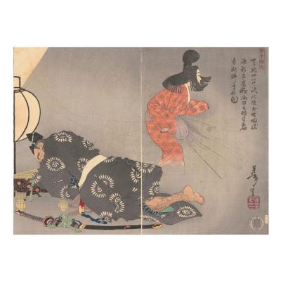 ふるさと納税 名古屋市 オリジナル【レプリカ浮世絵(2枚絵)月岡芳年作「天延四年秋妖怪土蜘蛛脳源頼光寝所酒田公時等宿直欲払其