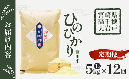 【12か月定期便】【令和7年産】13代目甲斐長衛門が選び抜いた高千穂産ひのひかり　長衛門米5㎏×12回 長衛門米 ヒノヒカリ お米 精米 白米 米 白ご飯 ごはん おにぎり おむすび 米袋 農作物 定