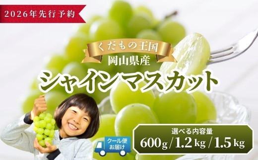 
                  【2026年発送分 先行予約】岡山県産 シャインマスカット (600g/1.2kg/1.5kg)【ご家庭用】| マスカット 種無し ぶどう 葡萄 果物 くだもの フルーツ 岡山 鏡野町【025-a034】【025-a035】【025-a036】
                