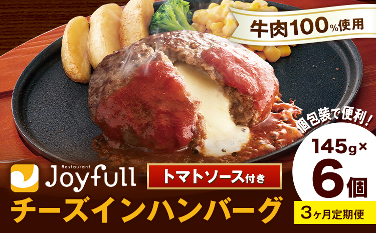 【3ヶ月定期便】ジョイフルハンバーグ チーズインハンバーグ トマトソース付 6個 1個145g 定期便 亀井通産株式会社《お申込みの翌月出荷予定》熊本県 菊池市 生ハンバーグ ソース付き 牛肉 ジョイ