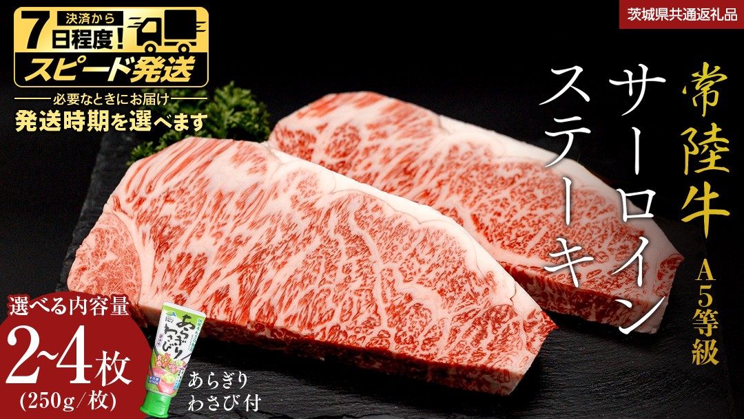 
                  ＼選べる内容量・発送方法／【 常陸牛 】 A5 等級 サーロインステーキ 500g 750g 1kg (1パック250g) あらぎり わさび 付 (茨城県共通返礼品) ひたちぎゅう ブランド牛 ステーキ サーロイン 国産牛 黒毛和牛 和牛 国産黒毛和牛 お肉 A5ランク 山葵 ワサビ 通常発送 スピード発送
                