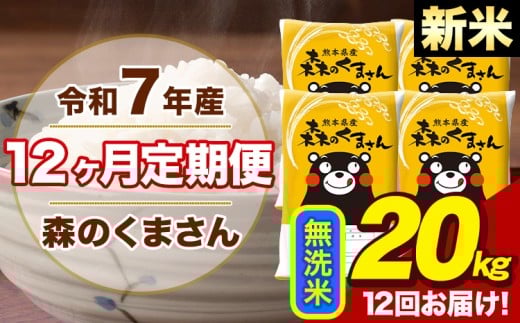 【12ヶ月定期便】令和7年産 新米 森のくまさん 無洗米 20kg 5kg×4袋 計12回お届け 《お申込み翌月から出荷》 お米 こめ 熊本県産 ご飯 備蓄