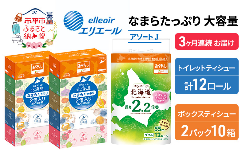 定期便 3ヵ月連続お届け エリエール 収納に便利 コンパクト [アソートJ] なまらたっぷり 大容量 トイレットペーパー ティッシュ トイレ ボックスティッシュ 防災 ひとり暮らし 紙 常備品 備蓄品 消耗品 日用品 生活必需品 送料無料 赤平市