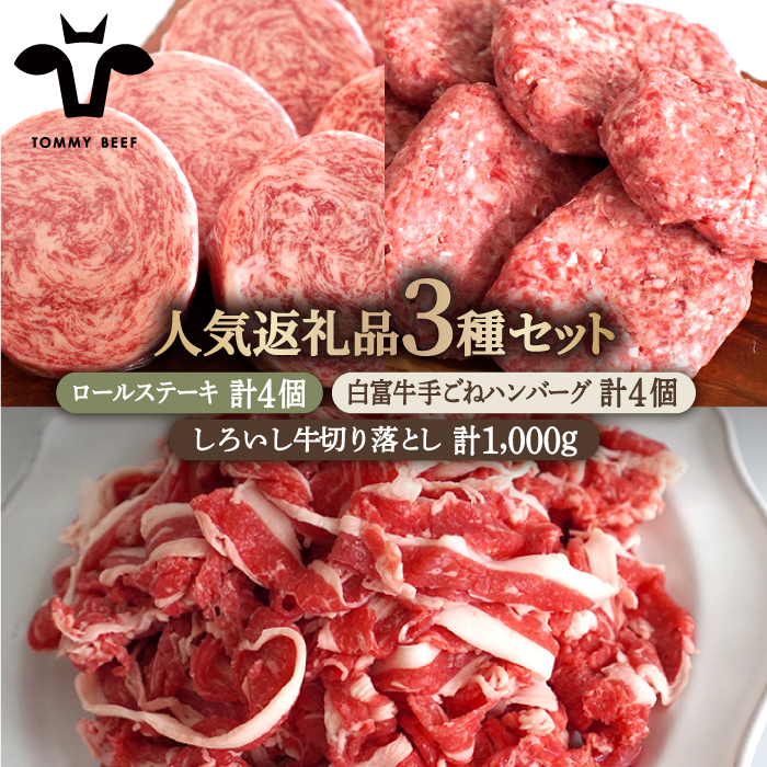 【牧場直送】人気返礼品詰め合わせ！牛肉100%ふんわりロールステーキ 4個＆白富牛 手ごねハンバーグ 4個＆しろいし牛 切り落とし 500g×2パック【有限会社佐賀セントラル牧場】 [IAH129]
