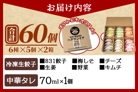 ＜国産野菜と県産豚肉をつかった冷凍生餃子 パーティー食べ比べセット 6種×5個×2箱 (タレ：中華ダレ)＞（合計60個・各5個×2箱）プレーン・チーズ、生姜、野菜、梅、キムチをセットに♪【MI097-