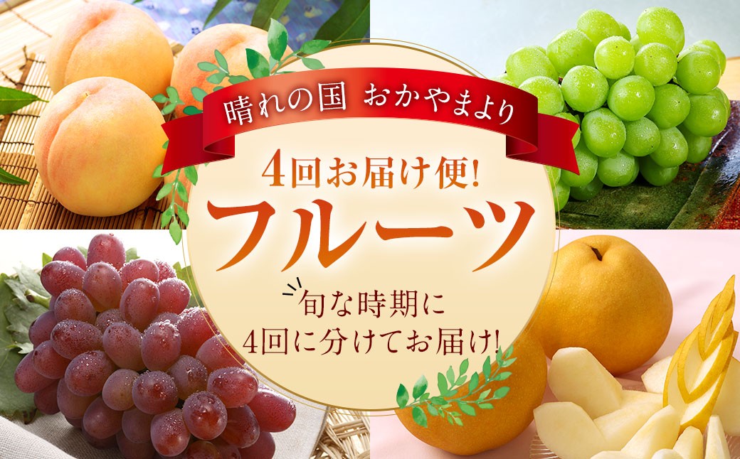
            【4回定期便】 フルーツ 2026年 先行予約 4回お届け便！ 環山堂セレクト 晴れの国 おかやま より 果物 を旬な時期に4回に分けてお届け！ 【2026年7月上旬～12月下旬 発送予定】 岡山県産 白桃 桃 もも モモ マスカット・オブ・アレキサンドリア マスカット 葡萄 ぶどう ブドウ 愛宕梨 あたご梨 梨 なし ナシ 果実 旬 定期便 岡山県 奈義町 冷蔵 常温
          