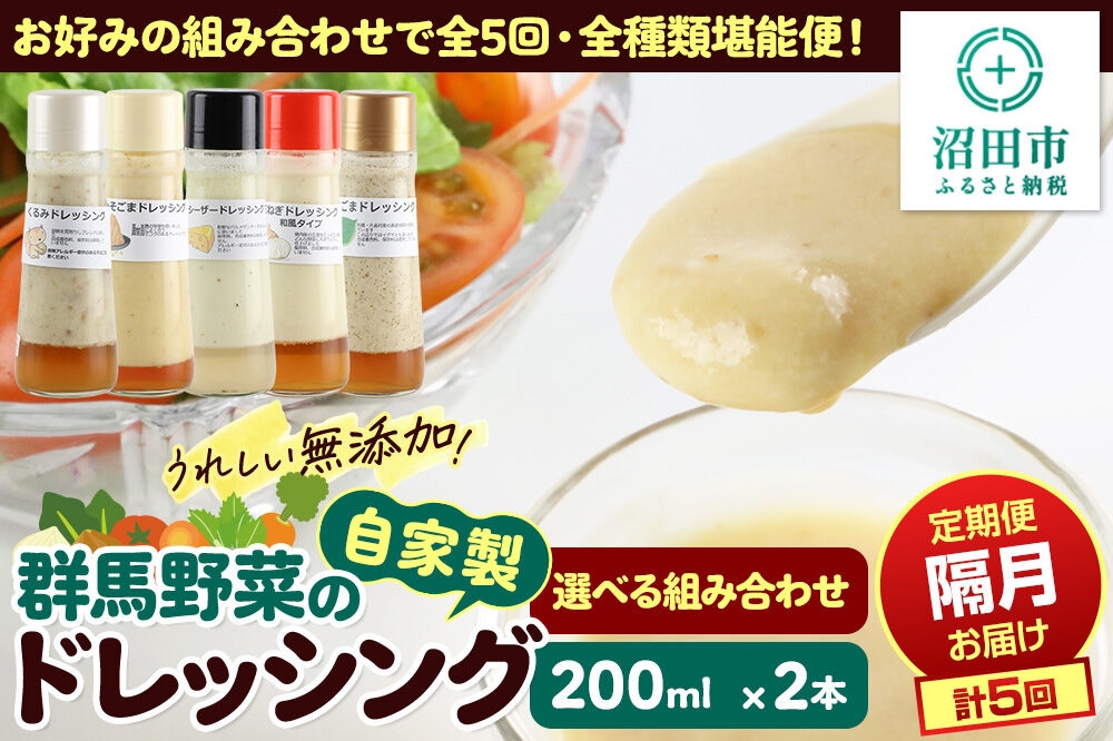 
                  【1種類2本ずつ隔月で5回お届け】自家製・群馬産野菜で手作りドレッシングセット 全5回で全種類堪能 定期便  200ml×2本 【選べるセット】泙川食品 [どれっしんぐ ドレッシング 山わさび くるみ シーザー 青じそ にんじん ゆず フレンチ みそごま 中華 玉ねぎ えごま]
                