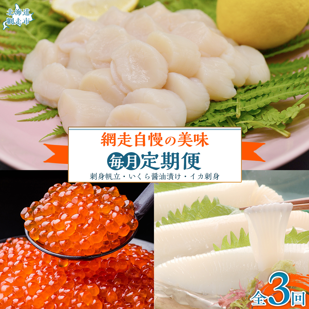 【毎月定期便】網走自慢の美味定期便(刺身帆立・いくら醤油漬け・イカ刺身)全3回 ABAO089