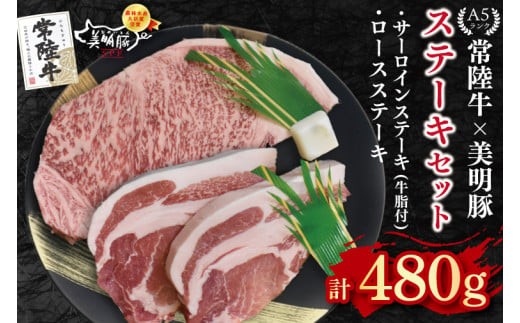 
                  【常陸牛 A5ランク・美明豚ステーキセット】常陸牛サーロインステーキ200g＋美明豚ロースステーキ280g（140g×２枚） 冷凍 国産牛 和牛 牛肉 豚肉 ブランド豚 食べ比べ ステーキ お取り寄せ 老舗精肉店 肉の加治 茨城県 水戸市（EK-18）
                
