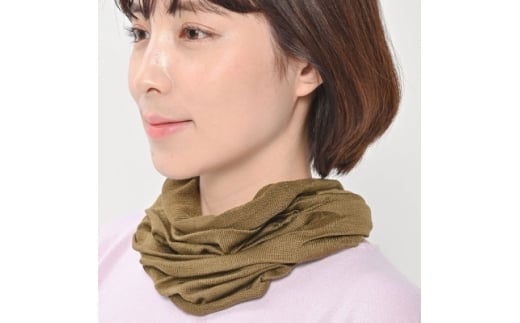 日本製 シルク100% スヌード 筒形 耳穴4穴 ネックウォーマー(オリーブ) (741-7590)【1630366】