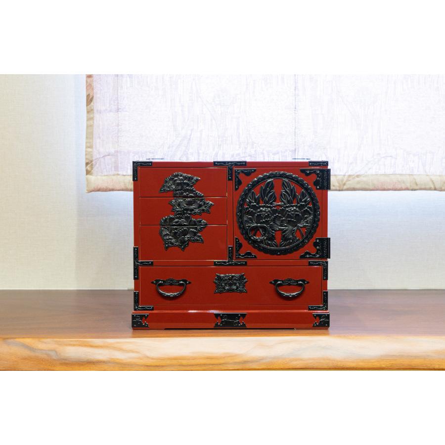 仙台箪笥　片開小箪笥　朱色漆塗り　巾40×奥30×高34cm　9kg×１