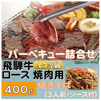 【ふるさと納税】飛騨牛ロース5等級400g・焼きそば3人前(ソース付)　バーベキューセット　【配送不可地域：離島】【1416386】