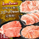 【ふるさと納税】定期便 ＼1か月に2回お届け！！／ 宮崎牛 豚 ステ〜キなセット 総重量4kg 肉 牛肉 豚肉 ビーフ 豚バラ 国産 食品 黒毛和牛 ブランド牛 おかず お弁当 ステーキ スライス しゃぶしゃぶ お祝い 記念日 おすすめ グルメ ミヤチク 宮崎県 都農町 送料無料