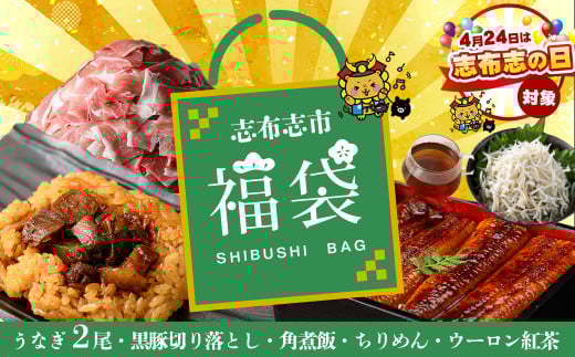 【志布志の日】＜釜揚げちりめん・缶バッチ付き！＞志布志市福袋！鰻とおかずいろいろセット(霧島湧水鰻2尾＆釜揚げちりめん＆黒豚ウデ切り落とし＆ウーロン紅茶＆角煮飯) ウナギ 蒲焼 2尾 バラエティ お楽しみ b8-034-sbs
