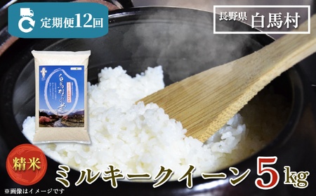 ＜12ヶ月間お届け＞＜令和7年産・新米・先行予約＞白馬産ミルキークイーン精米5kg 全12回/長野県白馬村  2025年産  定期便  米  白米  精米後発送  お米  ご飯  ごはん  送料無料【B0030161】