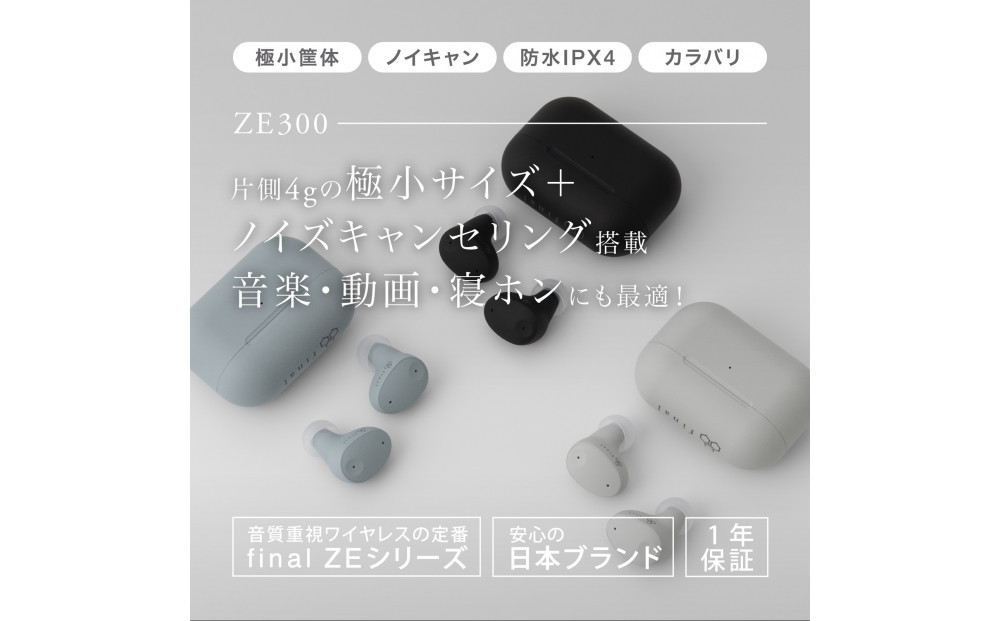 ANC完全ワイヤレスイヤホン final ZE300 BLACK / ZE3000の小型モデル /ノイズキャンセリング/ノイキャン/外音取り込み/マイク付き
