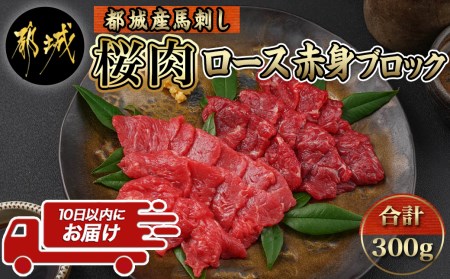 都城産「桜肉」馬刺し ロース・赤身ブロック300gセット≪みやこんじょ特急便≫_MJ-0119-Q_(都城市) 都城産馬刺 ロースブロック 赤身ブロック 各150g×1 真空 醤油・生姜の小袋付き 桜肉 馬刺し