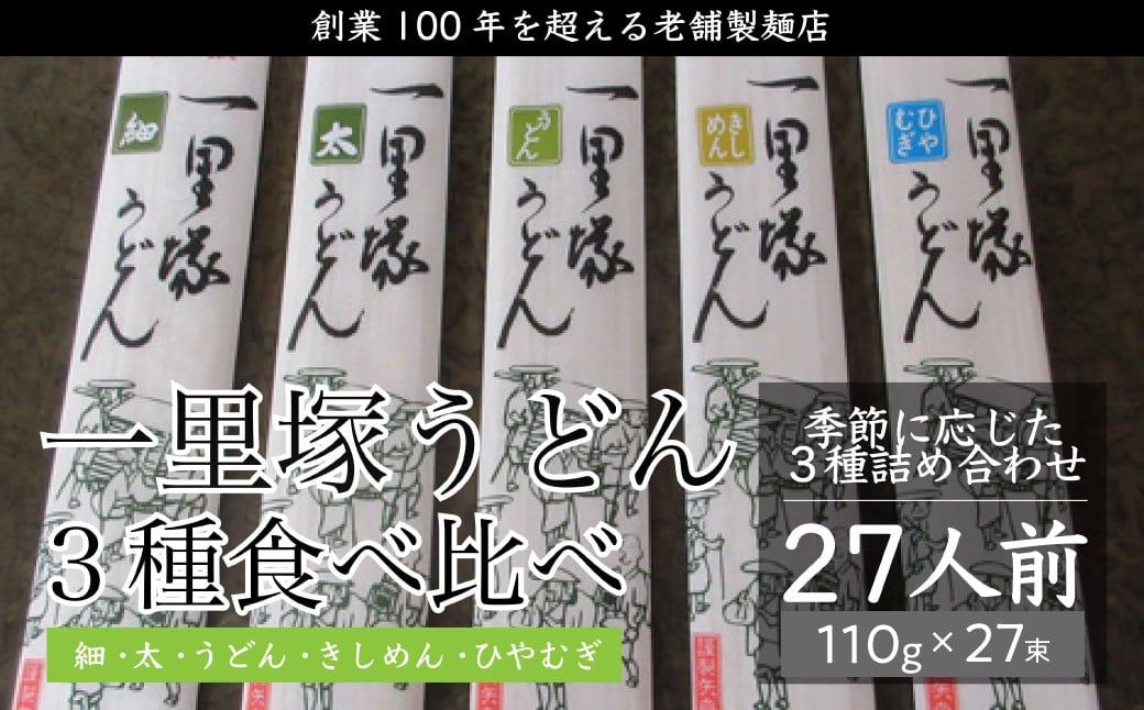 
            創業100年を超える老舗の製麺店 一里塚うどん 27束｜うどん 特選うどん 太めん きしめん 細めん 冷麦 そば 乾麺 食べ比べ 美味しい おいしい こし コシ つるつる 地元産 一里塚 矢島製麺 老舗 食品 個包装 大容量 お取り寄せ 贈り物 長期保存 埼玉県 久喜市
          