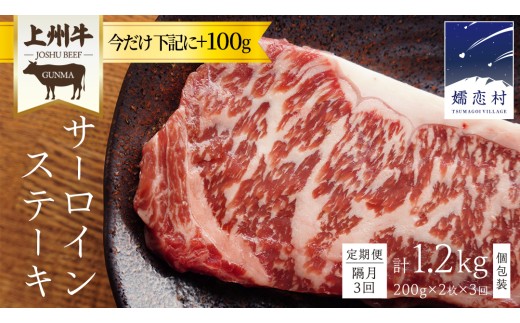 【12/31まで先着+100g】 【定期便隔月 3回】上州牛 サーロイン ステーキ 200g × 2枚 （ 1枚 × 2パック ） 小分け サーロイン 定期便 隔月3回 パック 牛肉 日本 国産 群馬 冷凍 真空パック 小分け 少量 真空 ステーキ用 バーベキュー BBQ 鉄板焼き 贈答 ギフト [AH028tu]