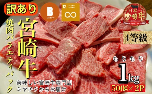 A4等級以上 宮崎牛 訳あり 焼肉 バラエティパック 1kg（牛肉 肉 お肉 黒毛和牛 宮崎牛 ブランド牛 内閣総理大臣賞4大会連続受賞）