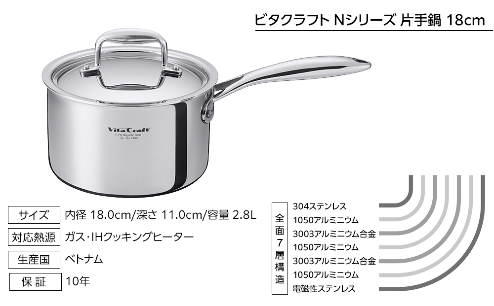 【2025年12月20日以降発送】ビタクラフト Nシリーズ 片手鍋 18cm 7142
