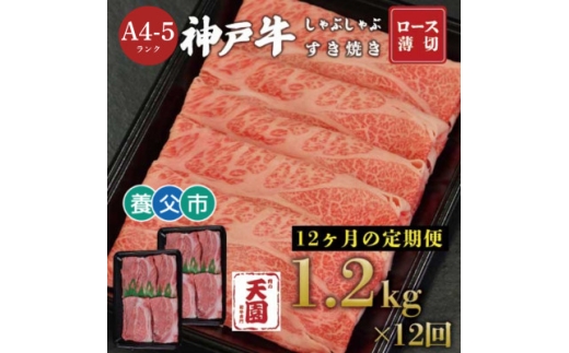 ＜毎月定期便＞＜ふるさと納税＞神戸牛 霜降り 肩ロース しゃぶしゃぶすき焼き1200g×全12回【4083899】