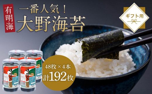 
一番人気！徳島のソウルフード「大野海苔192枚(48枚×4本)」ギフト箱入り【のり 食品 加工食品 人気 おすすめ 送料無料 有明海 味付け海苔 味付けのり 焼き海苔 徳島県 徳島市 CN115】
