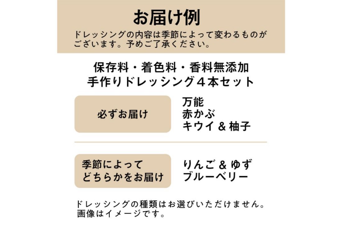 ns029-003 【夢工房もみじ村】保存料・着色料・香料無添加手作りドレッシング４本セット（万能、赤かぶ、キウイ＆柚子、りんご＆ゆず 又は ブルーベリー）