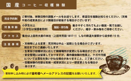 国産コーヒー収穫体験2名様分 10,000円分 ｜コーヒーチェリー 収穫 試飲 体験 