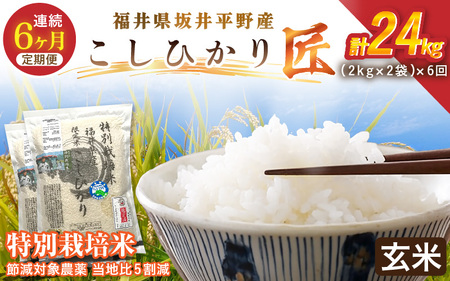 【6ヶ月連続お届け】令和7年産 特別栽培米 コシヒカリ匠 4kg（2kg×2袋）×6回 計24kg 節減対象農薬当地比5割減【玄米】お米 コシヒカリ [J-2909_02]