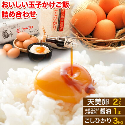 たまごかけご飯 卵 米 醤油 セット おいしい玉子かけご飯詰め合わせ 天美卵 10個×2パック (MSサイズ) コシヒカリ 精米 3kg たまごかけご飯専用醤油 天のしずく 220ml やずふれあい市場 《30日以内に出荷予定(土日祝除く)》 鳥取県 八頭町 送料無料