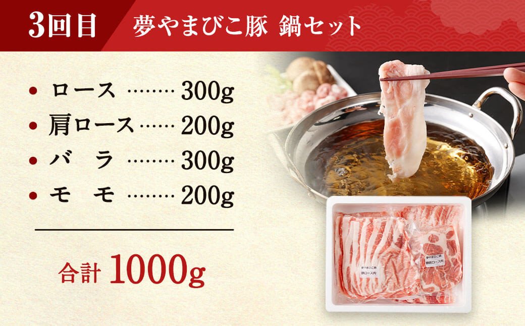 【4回定期便 (3ヶ月に1回) 】夢やまびこ豚 鍋セット(ロース･肩ロース･バラ･モモ)×2回 焼肉セット(ロース･肩ロース･バラ･ヒレ･小間切れ)×2回 燻Kemuru 芋けんぴ付き 合計4kg_イ