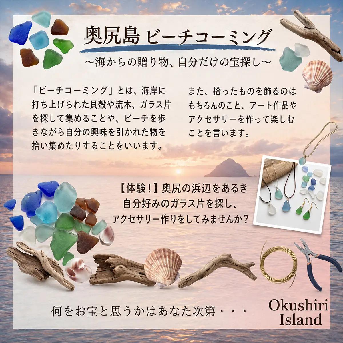 ビーチコーミング体験 奥尻島 3名様 体験 チケット 体験型 返礼品 シーグラス ガラス片 貝殻 貝がら 流木 漂着物 クラフト素材 自然体験 アクティビティ ガイド 離島 探索 観光 旅行 海辺 浜