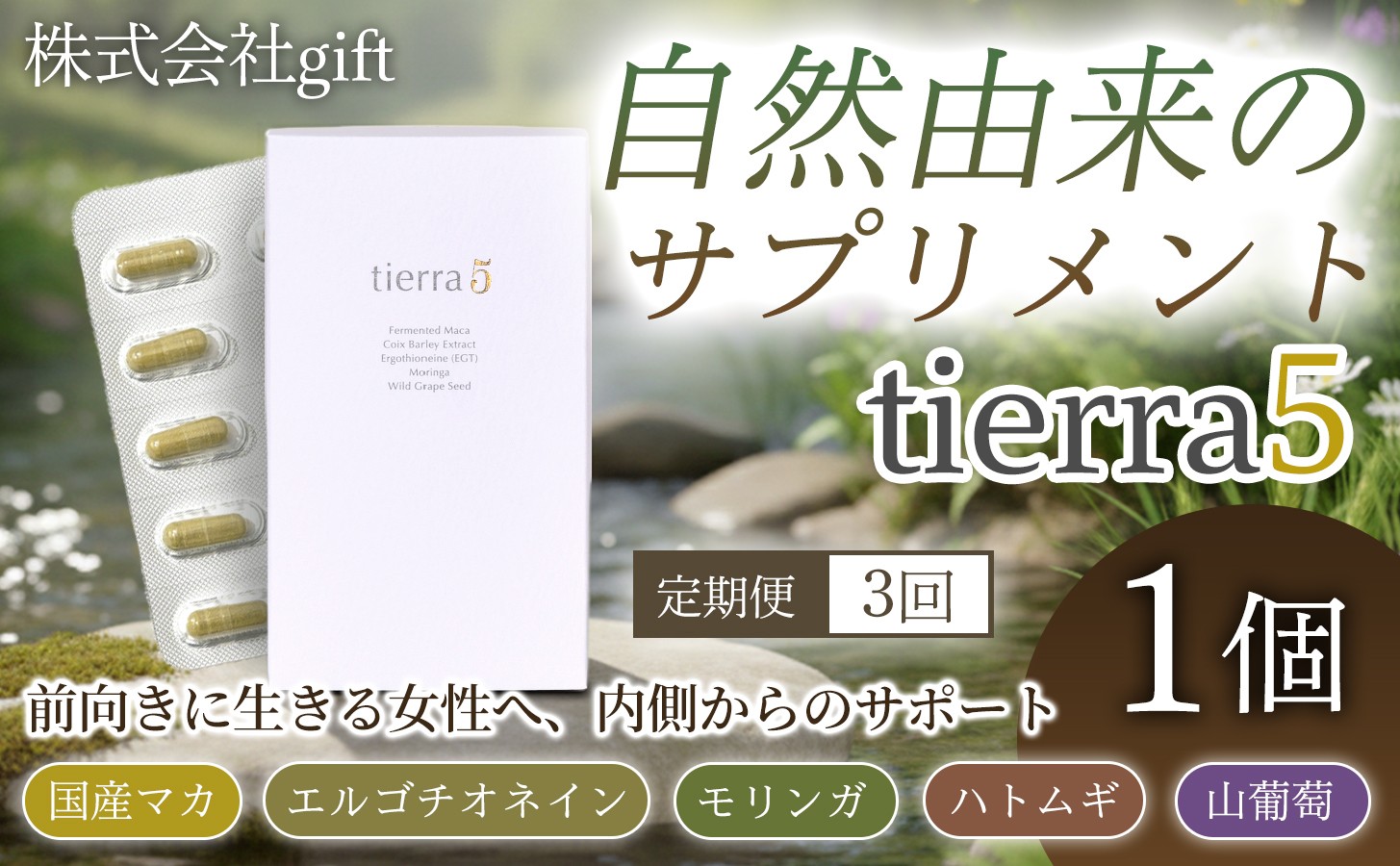 
                  【定期便3ヶ月】tierra5（1個）1セット×3回 【素材の力を、丁寧に届ける】 マカサプリ  国産マカ 酵素分解マカ 植物由来成分 カプセルサプリ 日本製サプリ 女性向け モリンガ ハトムギ 山葡萄種子 エルゴチオネイン 栄養補助食品
                