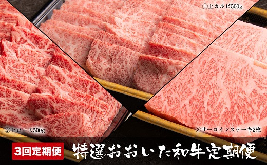 
【3ヶ月定期便】特選おおいた和牛 合計1.4kg 毎月お届け タレ付き 焼肉 上カルビ 上ロース サーロインステーキ ステーキ お肉 肉 和牛 国産 九州産 大分県産 冷凍 送料無料
