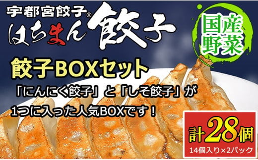 宇都宮餃子はちまん餃子 餃子BOXセット 28個（14個入り×2パック/1個22g） ｜ にんにく 鶏しそ餃子 宇都宮餃子 国産野菜 グルメ 宇都宮市 ぎょうざ ギョーザ 野菜 冷凍食品 冷凍餃子 焼き餃子 水餃子