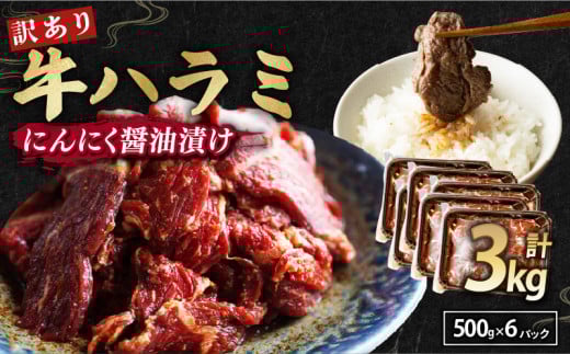 【 訳あり 】 牛ハラミ にんにく醤油漬け 3kg ( 500gパック ) 牛肉 牛 肉 ビーフ 味つけ ハラミ 味付 にんにく ガーリック ガーリック醤油 冷凍 小分け 真空パック 簡単調理 簡単 調理 カット 不揃い 冷凍 人気 おすすめ 焼肉 焼き肉 熨斗 贈答 ギフト お歳暮 御歳暮 御中元 お中元 便利おかず ふるさと納税肉 京都 舞鶴 幸福亭 