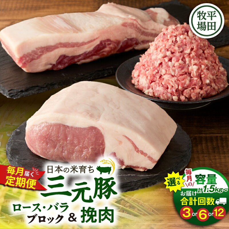 【ふるさと納税】＜選べる容量と回数＞ 3回 ～ 12回 毎月 定期便 日本の米育ち平田牧場 三元豚 バラ ブロック 豚ロースブロック 豚挽肉 肉 豚 豚肉 ロース 塊 ひき肉 ミンチ 冷凍 便利 定期 平田牧場 北海道 苫小牧市 おすすめ ランキング プレゼント ギフト