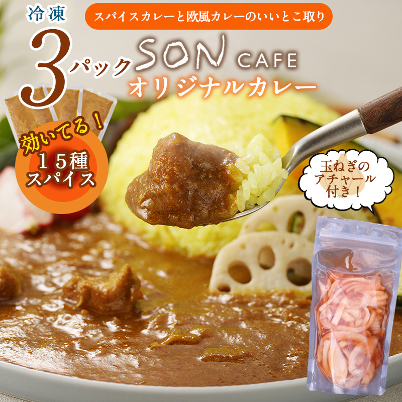 15種スパイスを使用したSONカフェ特製カレー 200g×3P&玉ねぎのアチャール×1P  いずみピクルス NSW 010B1728