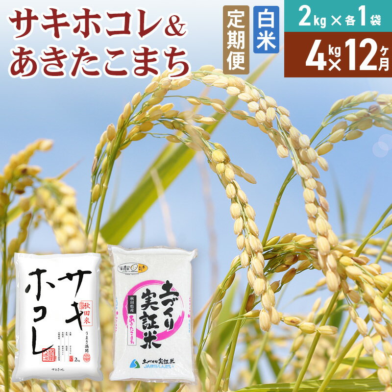 【ふるさと納税】《定期便12ヶ月》【白米】令和7年産 サキホコレ2kg・土づくり実証米あきたこまち2kg (計4kg) ×12回 計48kg 精米 特A評価米 秋田県産